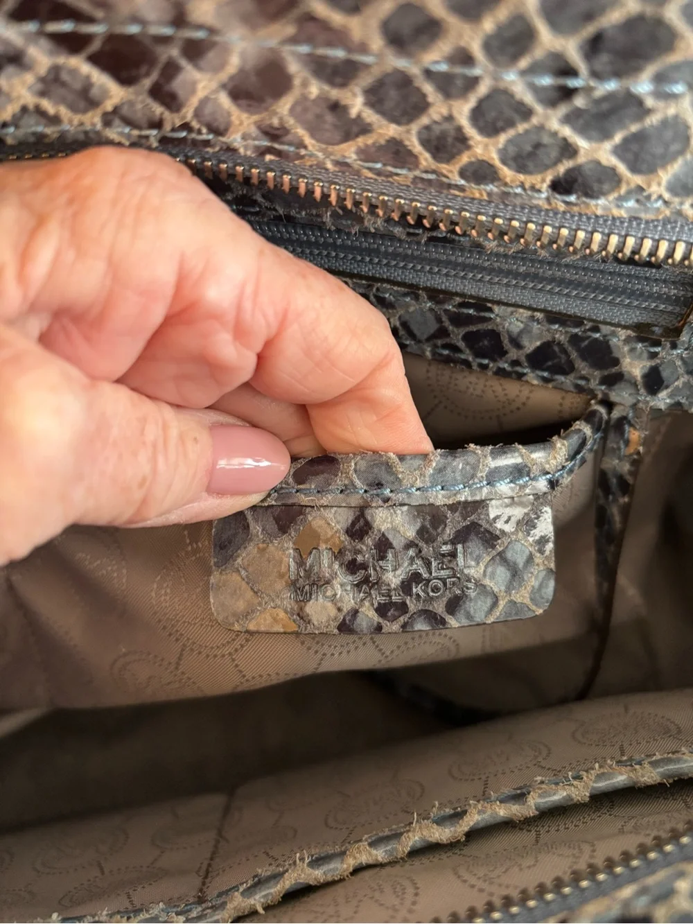 Michael Kors Snake-Embossed Jeweled Studded “Selma” Bag in Gray